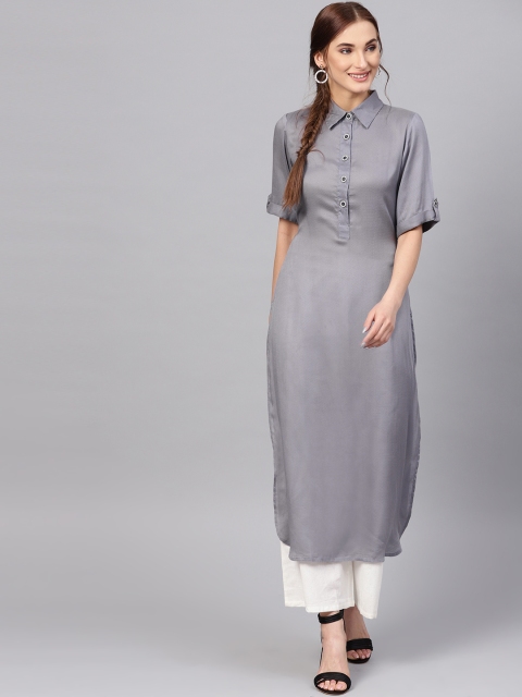 

Jaipur Kurti Women Grey Woven Design Straight Kurta