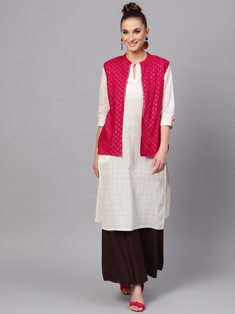 

Jaipur Kurti Women Off-White & Pink Checked Straight Kurta with Ethnic Jacket