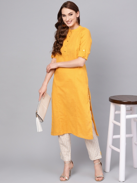 

Jaipur Kurti Women Yellow & Beige Solid Kurta with Trousers
