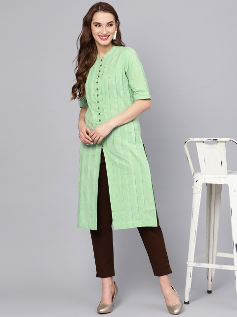 

Jaipur Kurti Women Green & Coffee Brown Solid Kurta with Trousers