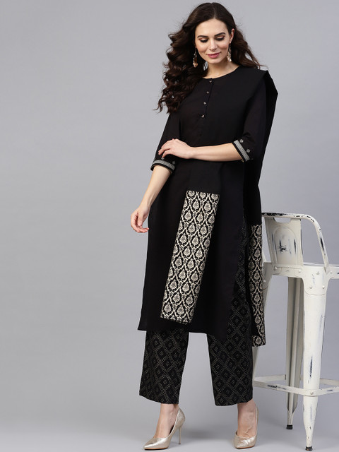 

Jaipur Kurti Women Black & Gold-Toned Solid Kurta with Trousers & Dupatta