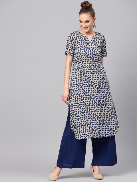 

Jaipur Kurti Women Navy Blue & Grey Printed Straight Kurta
