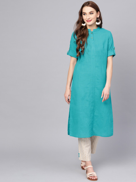

Jaipur Kurti Women Turquoise Blue & Off-White Solid Kurta with Trousers