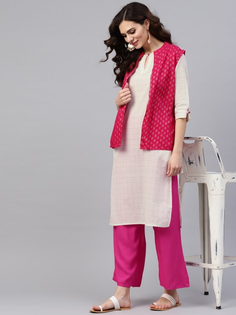 

Jaipur Kurti Women Off-White & Pink Checked Kurta with Palazzos & Ethnic Jacket