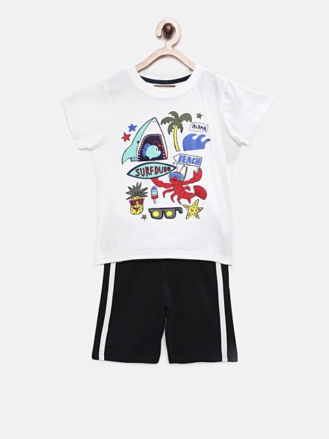 

TAMBOURINE Boys White & Black Printed T-shirt with Shorts