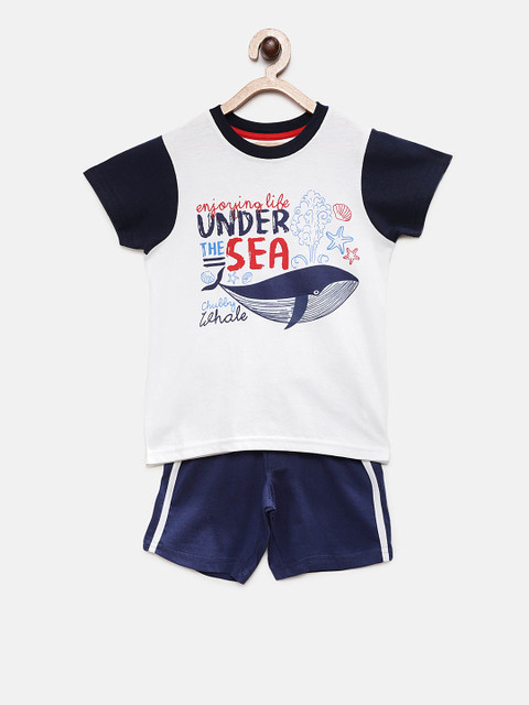 

TAMBOURINE Boys White & Navy Blue Printed T-shirt with Shorts