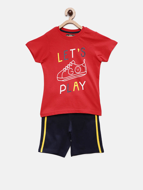 

TAMBOURINE Boys Red & Navy Blue Printed T-shirt with Shorts