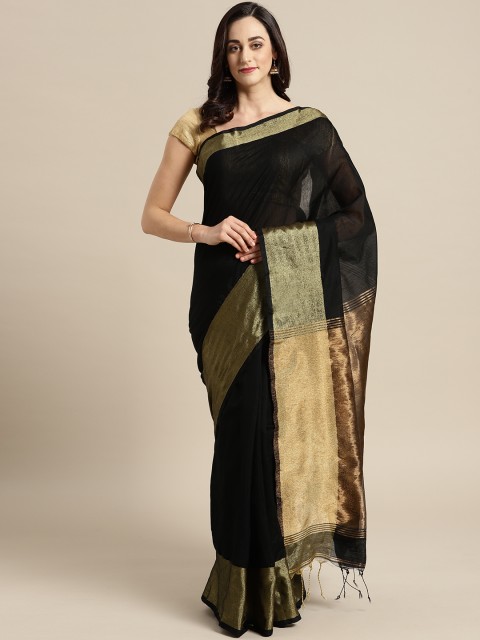 

FIROZA Black & Golden Solid Handloom Saree
