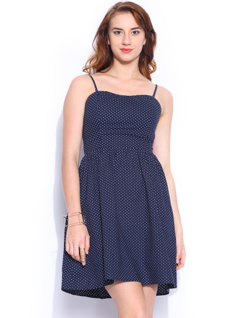 

Navy Polka Dot Printed Fit & Flare Dress, Navy blue