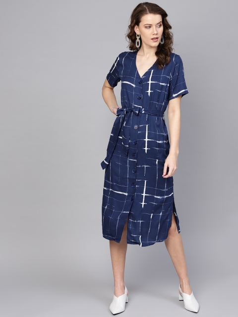 

Femella Women Navy Blue & White Checked A-Line Dress