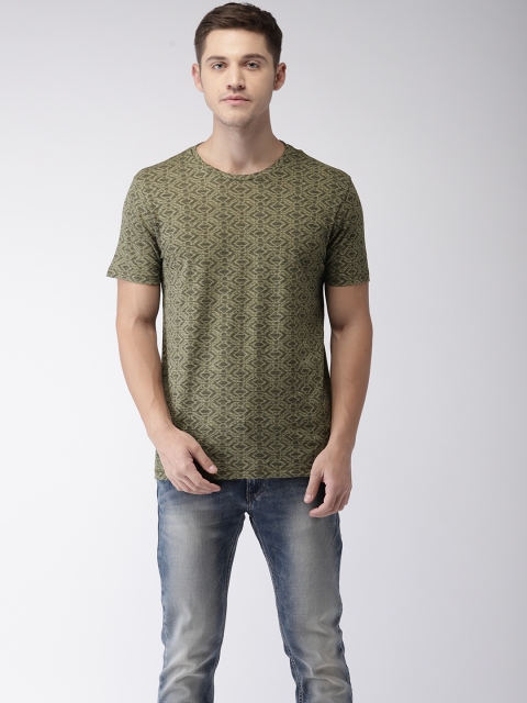 

Flying Machine Men Olive Green Printed Round Neck T-shirt