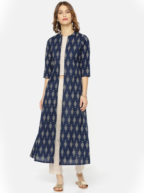 

Alena Women Navy Blue & Off-White Printed Top With Shrug & Trousers