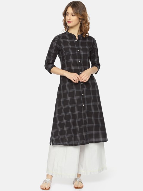 

Alena Women Charcoal Grey Checked A-Line Kurta