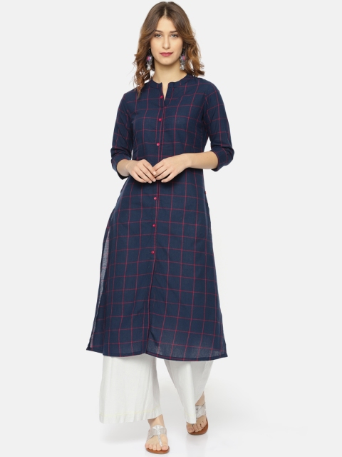 

Alena Women Navy Blue & Red Checked A-Line Kurta