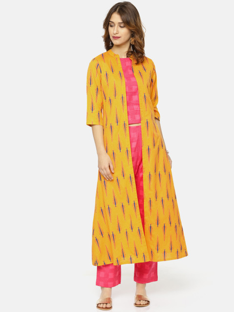 

Alena Women Mustard Yellow & Pink Printed Top With Shrug & Trousers