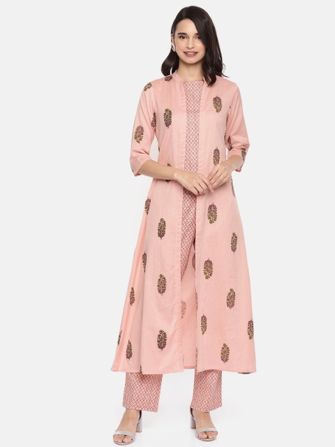 

Alena Women Pink-Coloured Printed Top with Longline Shrug & Trousers