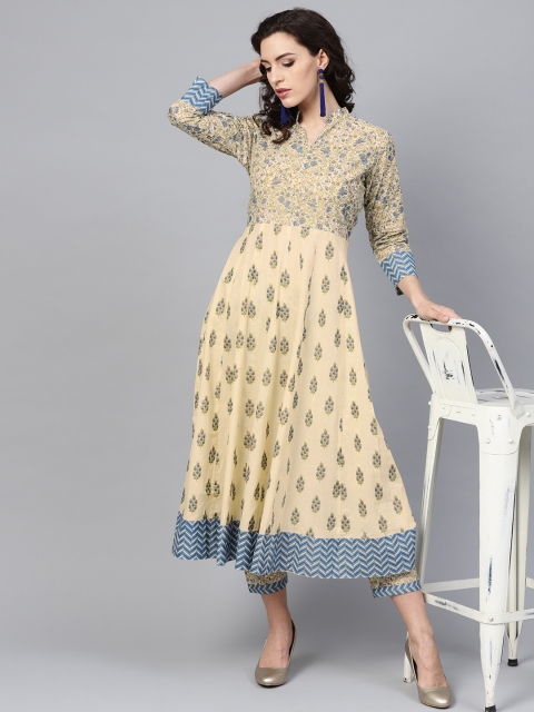 

Indo Era Women Beige & Blue Printed Anarkali Kurta
