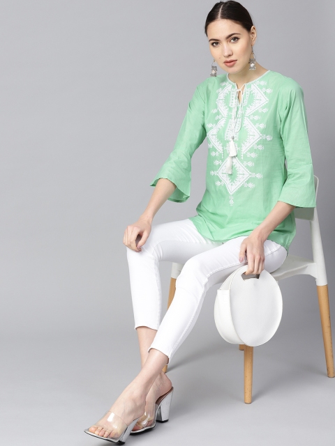 

Indo Era Women Green Embroidered A-Line Kurti