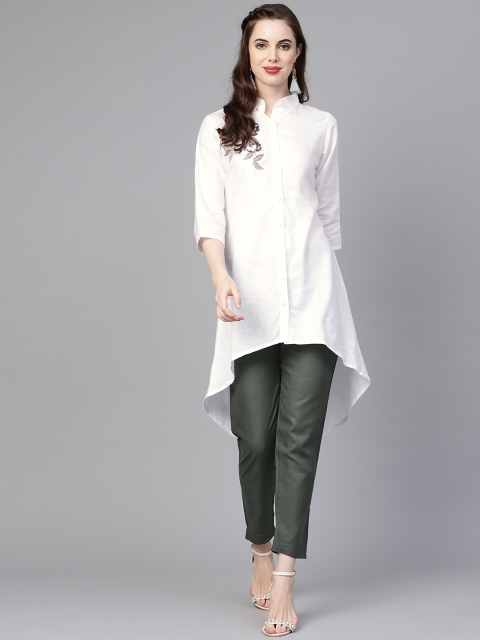 

Indo Era Women White Solid A-Line Kurta with Floral Embroidery Detail