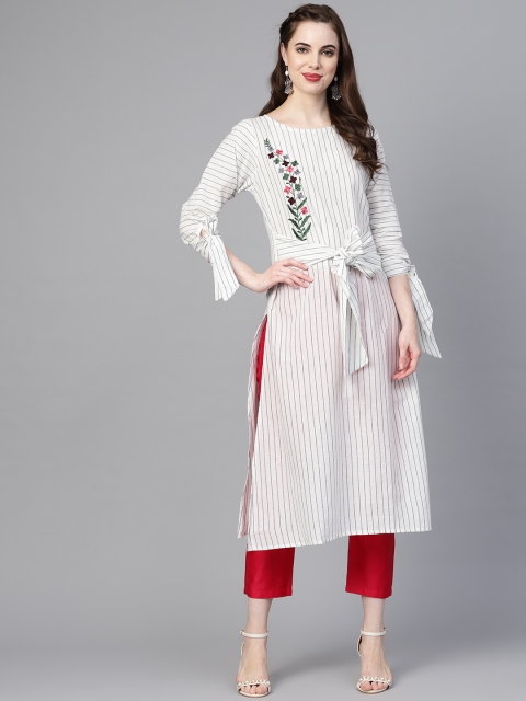 

Indo Era Women White & Black Striped A-Line Kurta