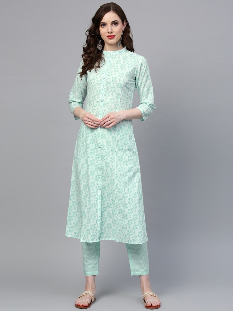 

Indo Era Women White & Sea Green Printed Kurta with Palazzos