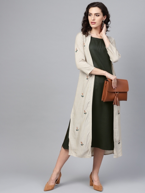 

Indo Era Women Beige & Green Solid A-Line Dress with Ethnic Jacket