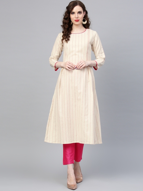 

Indo Era Women Beige & Pink Striped Kurta with Trousers