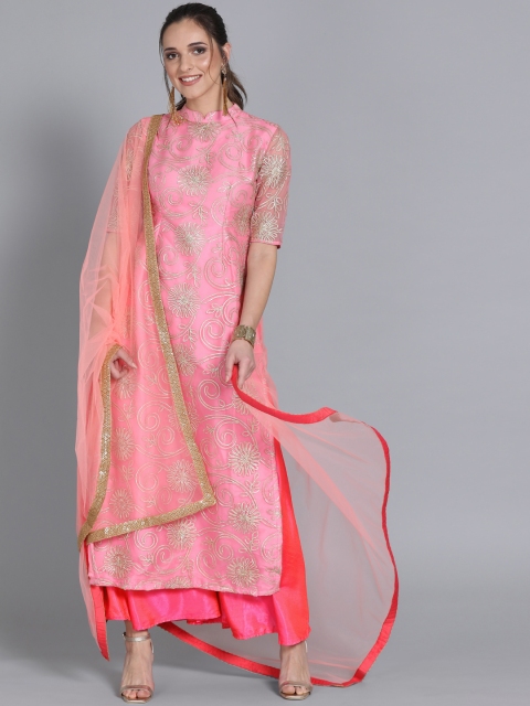 

EthnoVogue Pink & Gold Embroidered Made to Measure Kurta with Palazzos & Dupatta