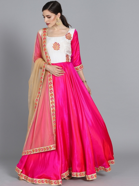 

EthnoVogue White & Pink Embroidered Made to Measure Kurta With Churidar & Dupatta