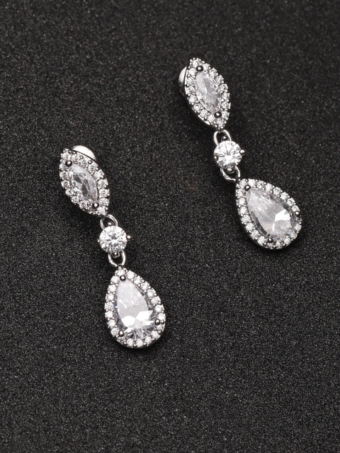 

Carlton London Silver-Toned Rhodium-Plated CZ Studded Drop Earrings