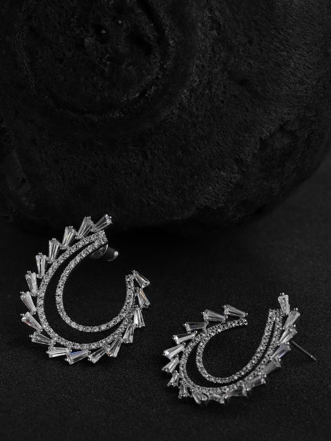 

Carlton London Silver-Toned Rhodium-Plated CZ Stone-Studded Contemporary Drop Earrings