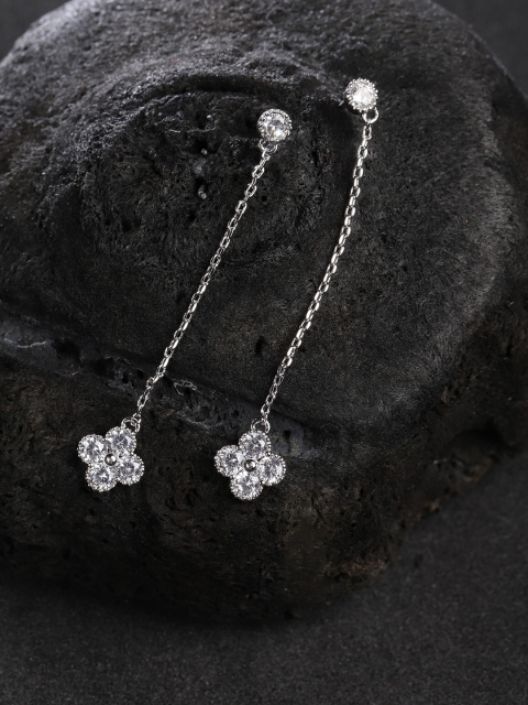 

Carlton London Silver-Toned Rhodium-Plated CZ-Studded Contemporary Drop Earrings
