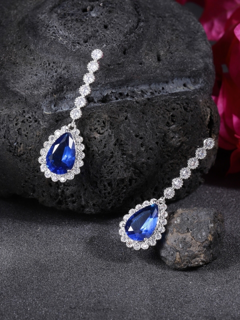 

Carlton London Silver-Toned & Navy Blue Rhodium-Plated CZ-Studded Drop Earrings