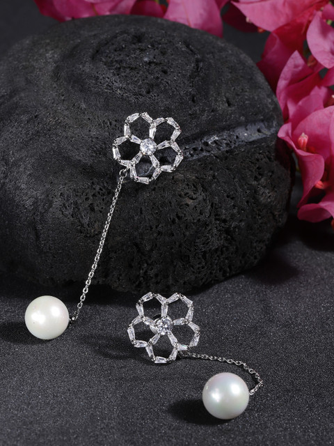 

Carlton London Silver-Toned & Off-White Rhodium-Plated Stone-Studded Floral Drop Earrings