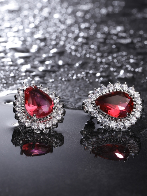

Carlton London Silver-Toned & Red Rhodium-Plated Teardrop Shaped CZ Studs