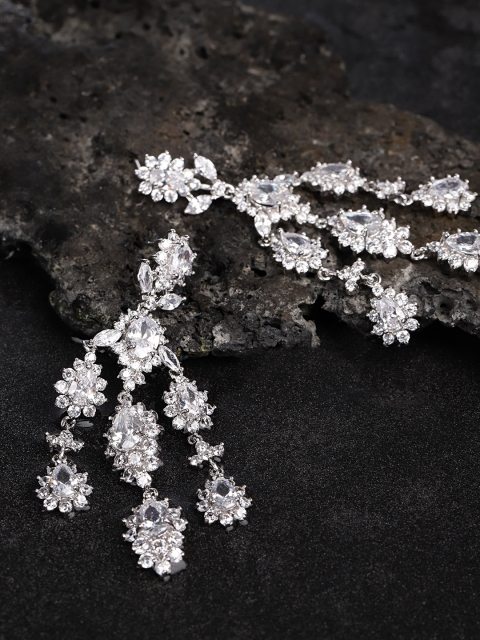 

Carlton London Silver-Toned Rhodium-Plated CZ-Studded Contemporary Drop Earrings