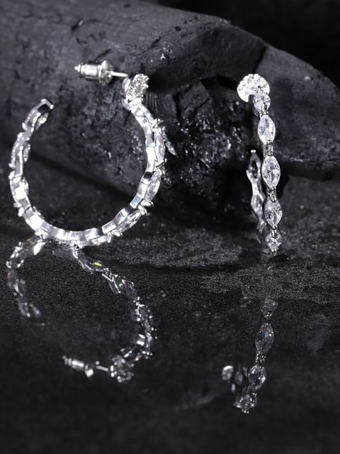 

Carlton London Silver-Toned Rhodium-Plated CZ-Studded Circular Half Hoop Earrings