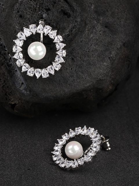 

Carlton London Silver-Toned Rhodium-Plated CZ-Studded Circular Jacket Drop Earrings