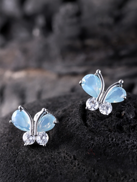 

Carlton London Silver-Toned & Blue Rhodium-Plated Butterfly Shaped CZ Studs