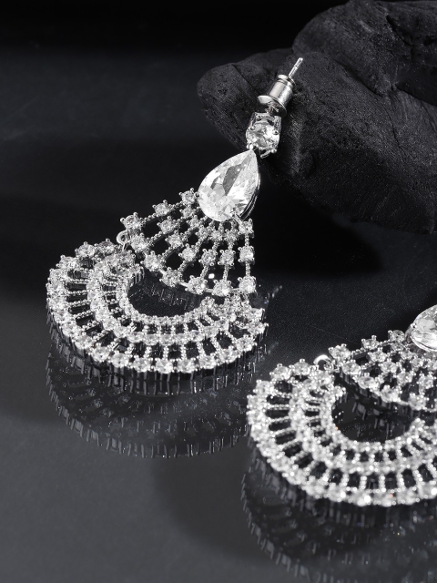 

Carlton London Silver-Toned Rhodium-Plated CZ-Studded Classic Drop Earrings