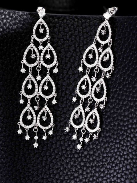 

Carlton London Silver-Toned Rhodium-Plated CZ-Studded Teardrop Shaped Drop Earrings