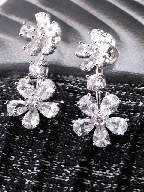 

Carlton London Silver-Toned Rhodium-Plated CZ-Studded Floral Drop Earrings