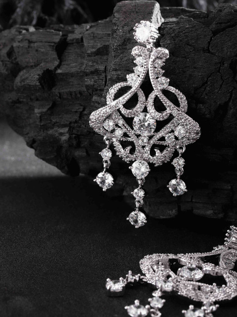 

Carlton London Silver-Toned Rhodium-Plated CZ-Studded Contemporary Drop Earrings