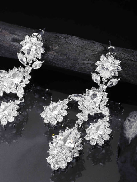 

Carlton London Silver-Toned Rhodium-Plated CZ-Studded Contemporary Drop Earrings