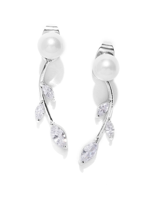 

Carlton London Silver-Toned Rhodium-Plated Stone Studded Leaf Shaped Drop Earrings