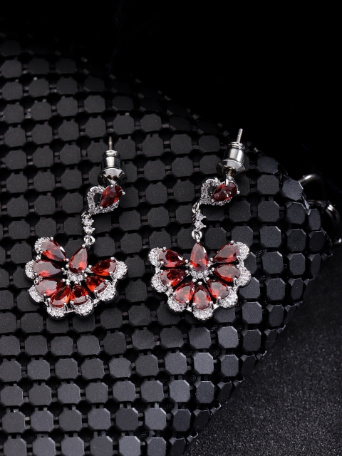 

Carlton London Silver-Toned & Red Rhodium-Plated CZ Studded Contemporary Drop Earrings