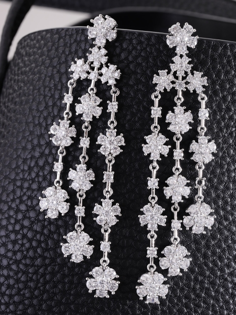 

Carlton London Silver-Toned Rhodium-Plated CZ Stone-Studded Chandelier Drop Earrings