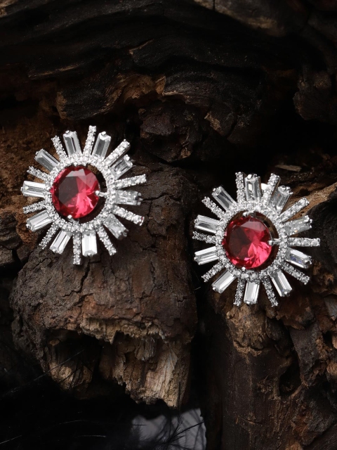 

Carlton London Silver-Toned Rhodium-Plated CZ Studded Floral Studs