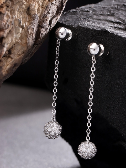 

Carlton London Silver-Toned Rhodium-Plated CZ Stone-Studded Spherical Drop Earrings