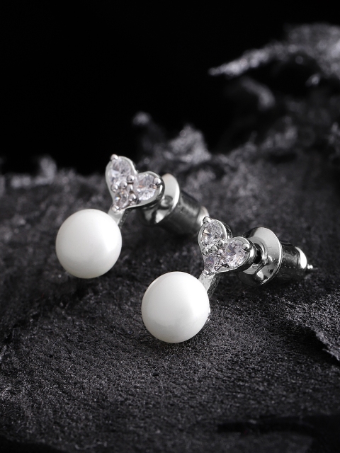 

Carlton London Silver-Toned Rhodium-Plated Heart Shaped Stone Studs